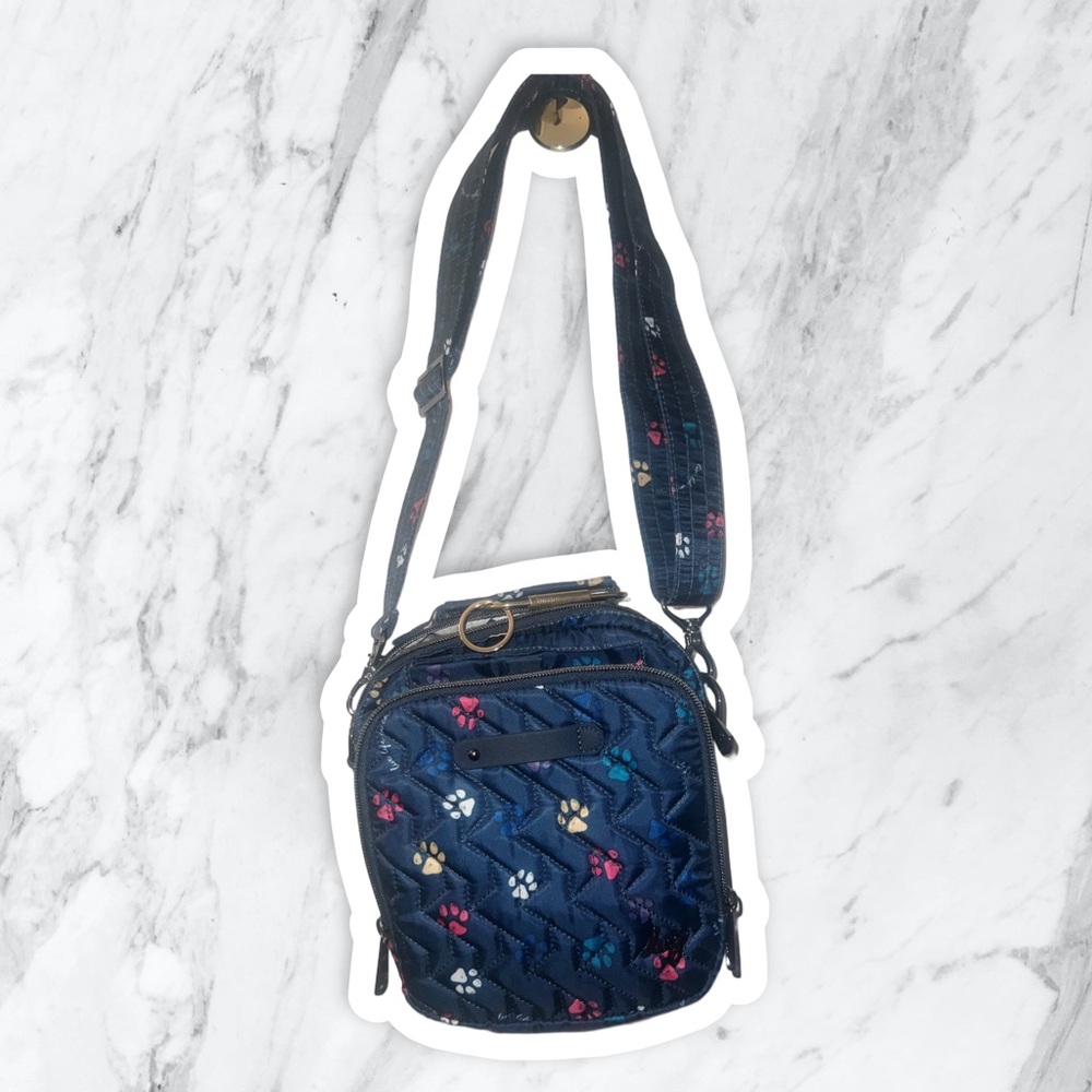 Navy Blue Multicolor Paw Print Lug Crossbody Purse Bag